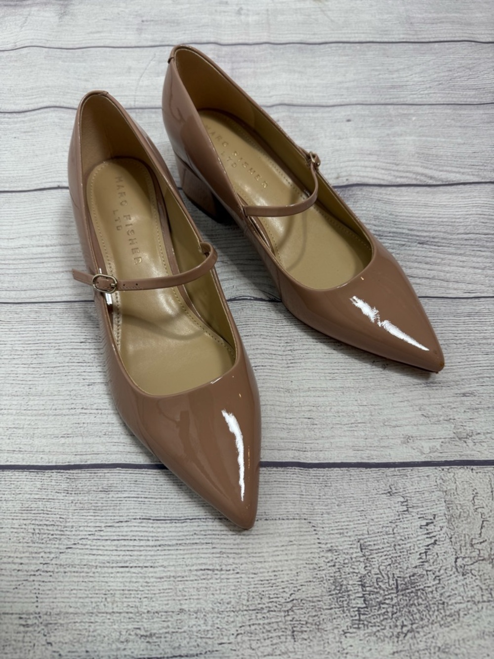 Marc Fisher LTD Nude Patent Mary Jane Pumps Size 7.5 Block Heel